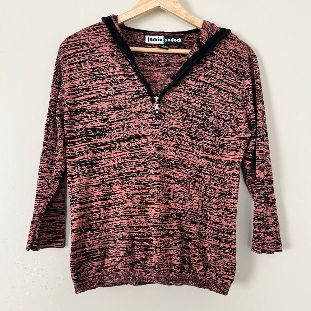 Jamie Sadock Silk Blend Pulloveer Hooded Sweater Half-Zip Peach Black Medium